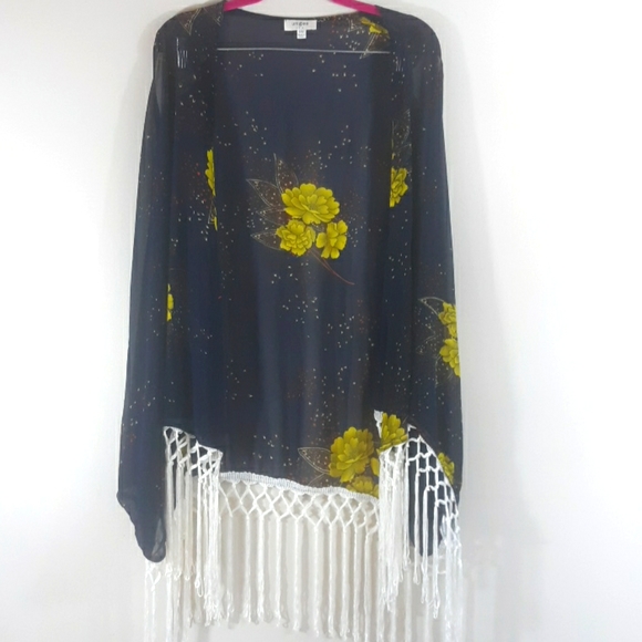Umgee Sweaters - Blue Floral Kimono with Tassels